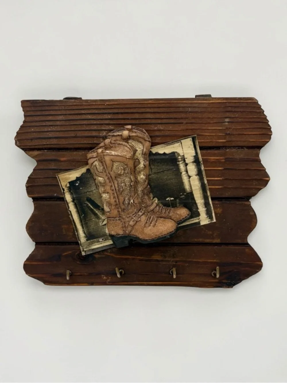Vintage 1990s Rustic Wood Western Cowboy Boot Theme Key Rack w/ 4 hooks 6” Wide